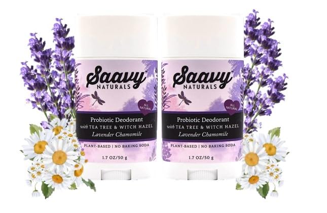 2 PACK- Saavy Naturals Probiotic Deodorant, Aluminum-Free, Baking Soda Free, No Residue, All Day Protection for Women and Men, Natural Vegan Formula, Lavender Chamomile - 1.7 Oz