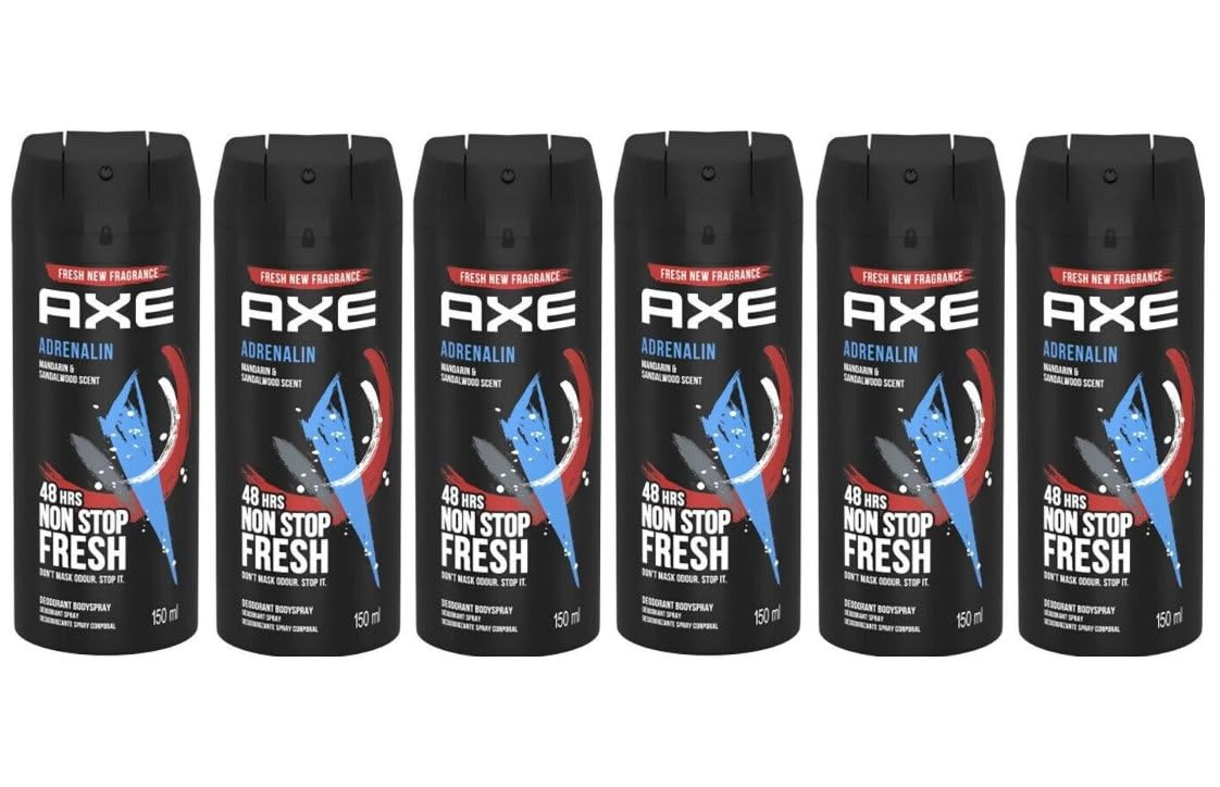 (6 Pack) Axe Adrenalin Body Spray for Men, 5.07 Oz (150ml) |Mandarin & Sandalwood scent |48H Non Stop Fresh |by SBD