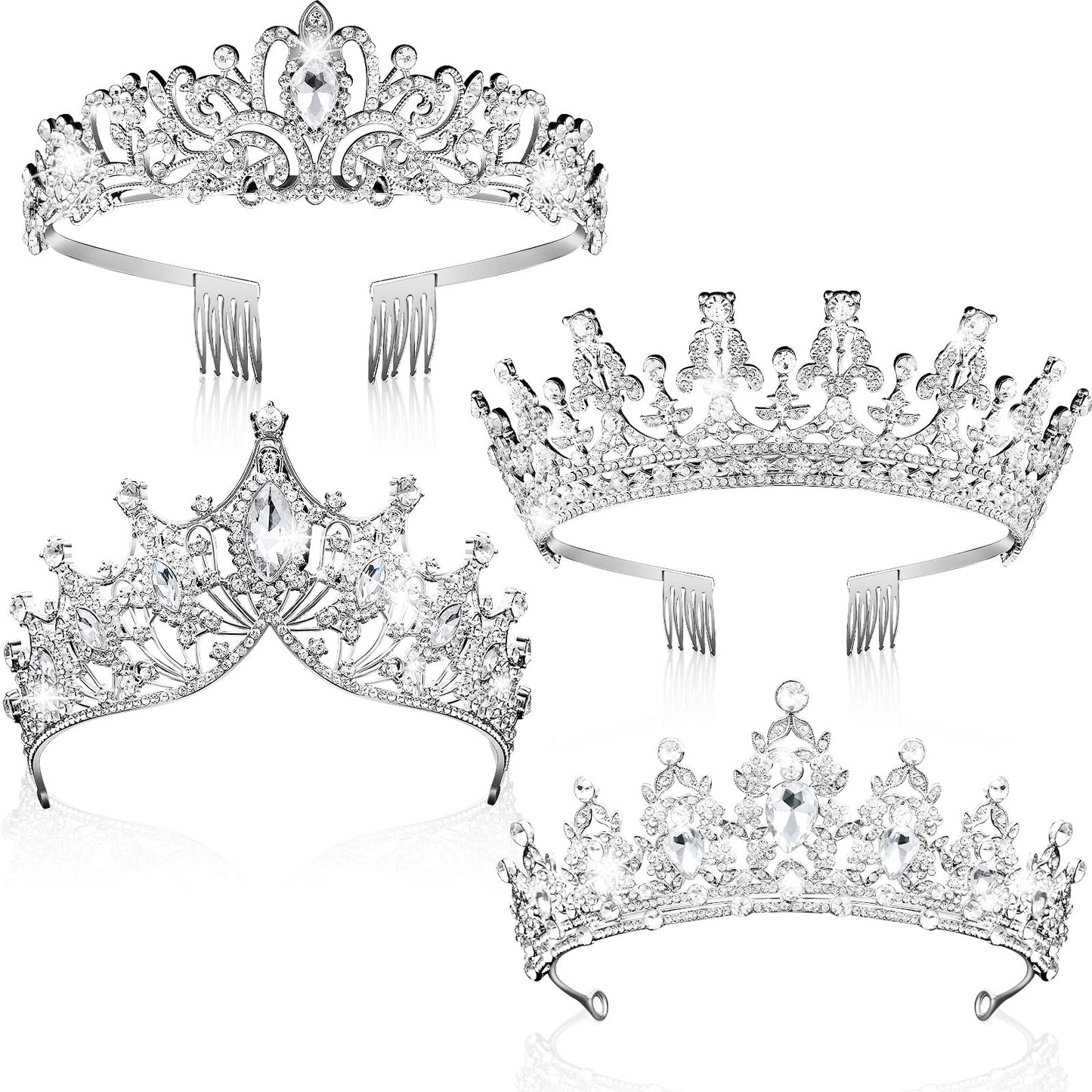 4 Pack Queen Crowns for Women Pageant Crown with Combs Princess Crown for Girls Crystal Rhinestones Tiara Headband Tiara Comb Tiara for Women Comb Birthday Cosplay Wedding(Silver)