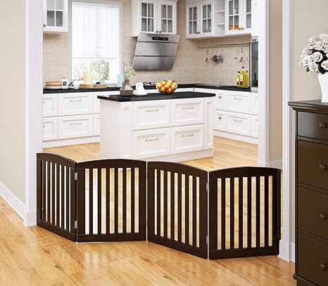 Wooden Freestanding Foldable Pet Gate for Dogs, 24 inch 4 Panels Step Over Fence, Dog Gate