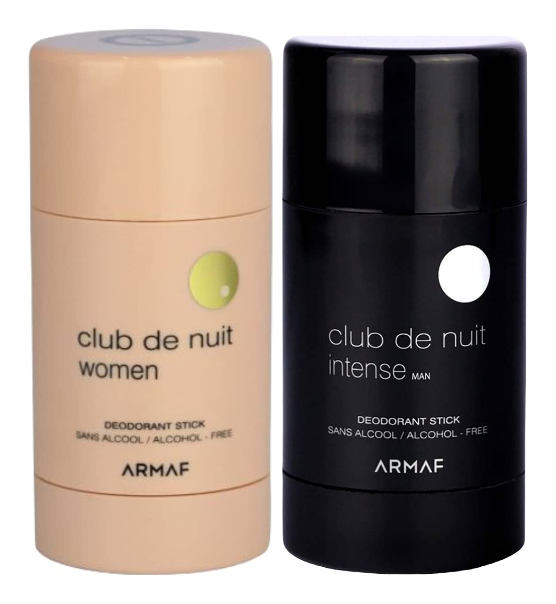 2 Pack of Assorted Armaf Club De Nuit Intense For Men Deodorant Stick 2.65 oz Alcohol Free + Club De nuit For Women Deodorant Stick 2.65 oz Alcohol Free (Club de nuit Intense Men + Club De Nuit Women)