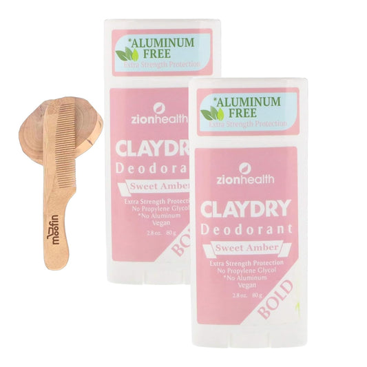 Zion Health ClayDry Deodorant, 2.8 Oz Stick, with Moofin Wooden Comb, Aluminum Free Deodorant, Bold Sweet Amber Vegan Deodorant, Extra Strength Protection, Absorbs Wetness, Eco-Conscious~ [Pack of 2]