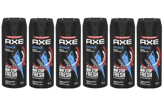(6 Pack) Axe Adrenalin Body Spray for Men, 5.07 Oz (150ml) |Mandarin & Sandalwood scent |48H Non Stop Fresh |by SBD