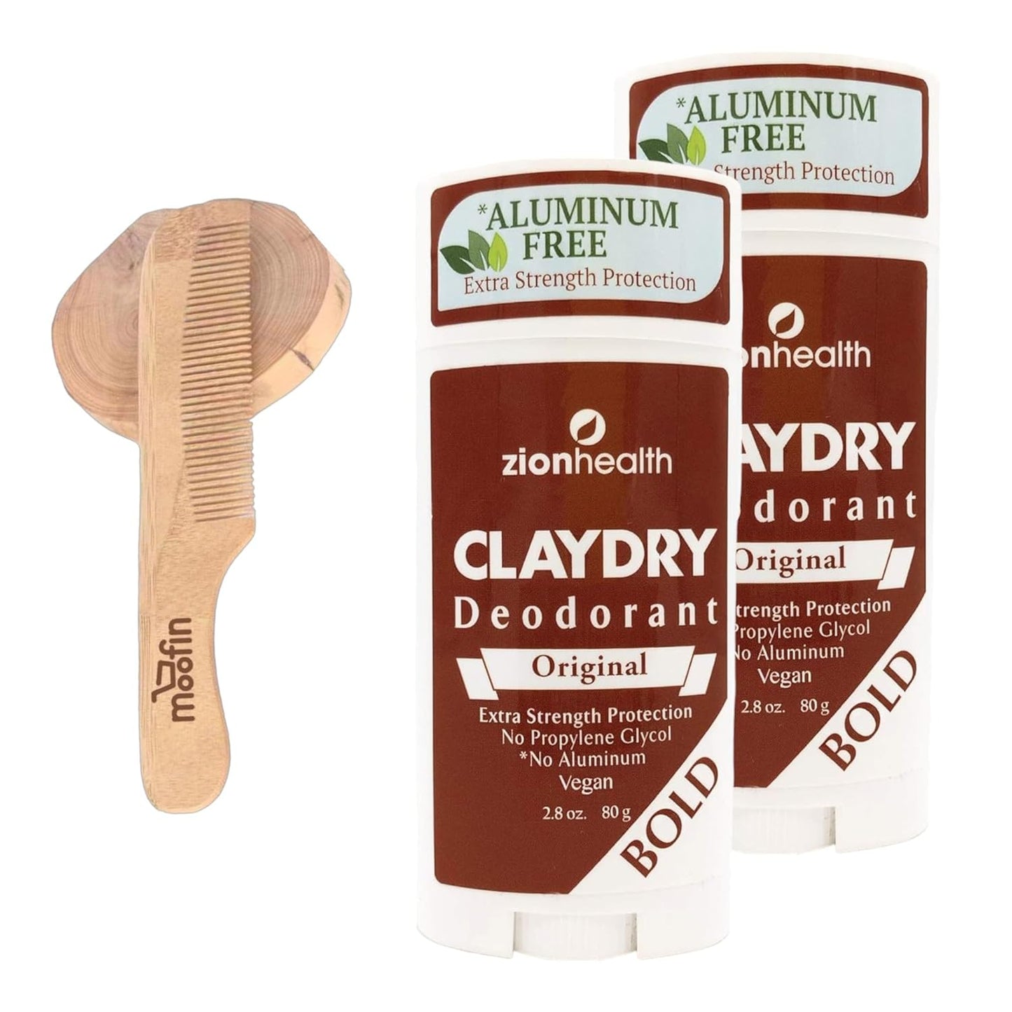 Zion Health ClayDry Deodorant Original Bold 2-Pack, 2.5 oz - Aluminum Free Deodorant, Natural Odor Protection, Gentle on Skin, Fresh Scent for Deodorant Men, Includes Wooden Comb